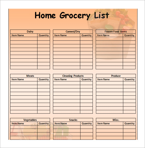 Grocery List Template Form