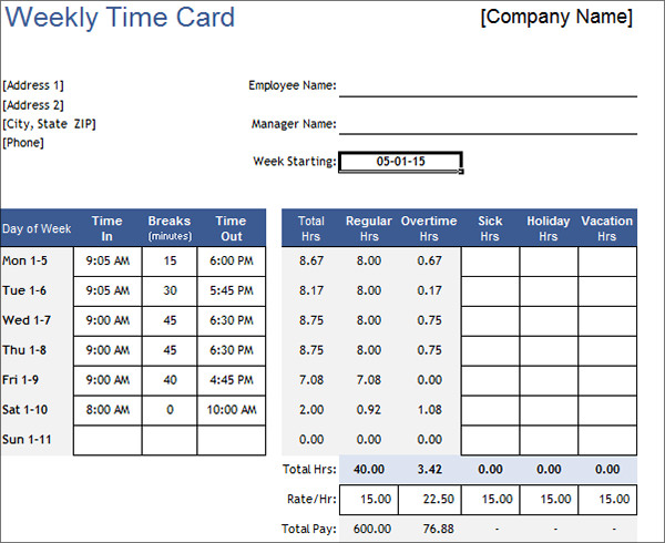 Time Card Calculator Excel Template