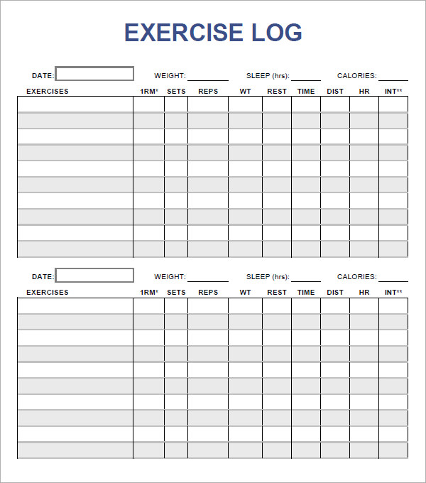 Free Printable Exercise Log And Blank Exercise Log Template