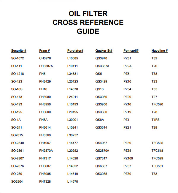 Oil Filter: Cross Reference Oil Filter Chart