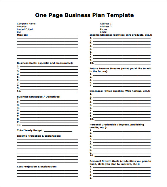 One page business plan template   the 100 startup